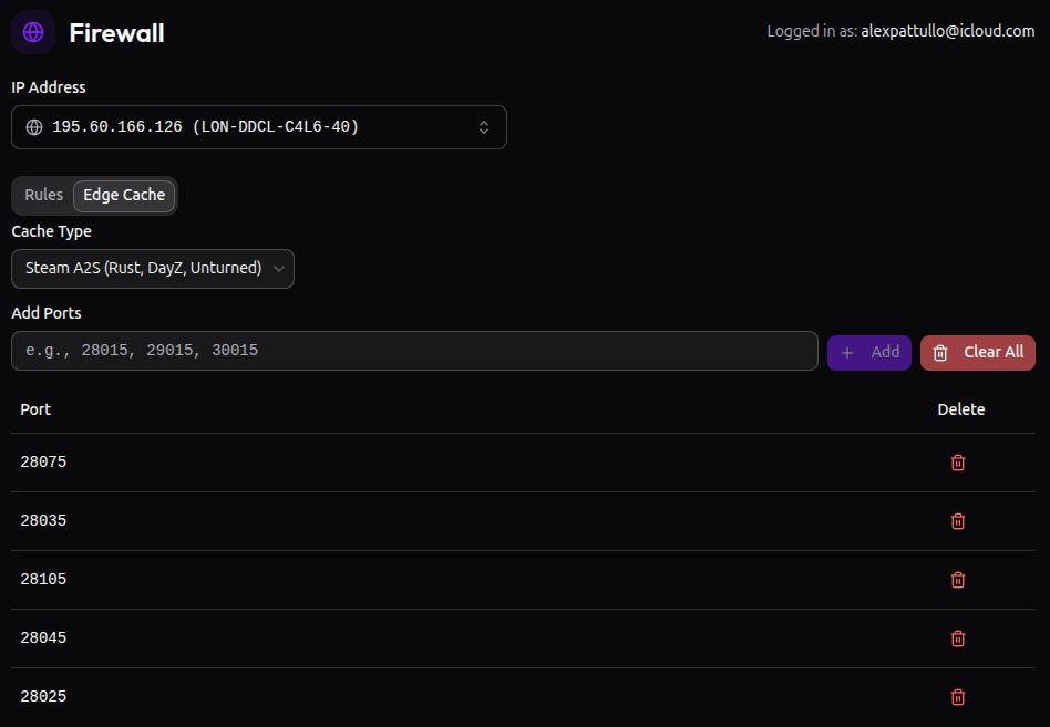Edge cache configuration UI showing Steam A2S cache type with configurable per-port rules