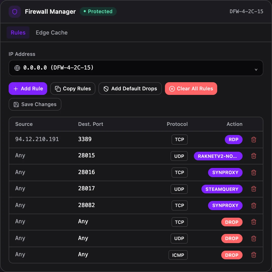 Firewall Manager panel listing per-IP rules: RDP on 3389, game ports 28015-28082, and default drops for TCP, UDP and ICMP