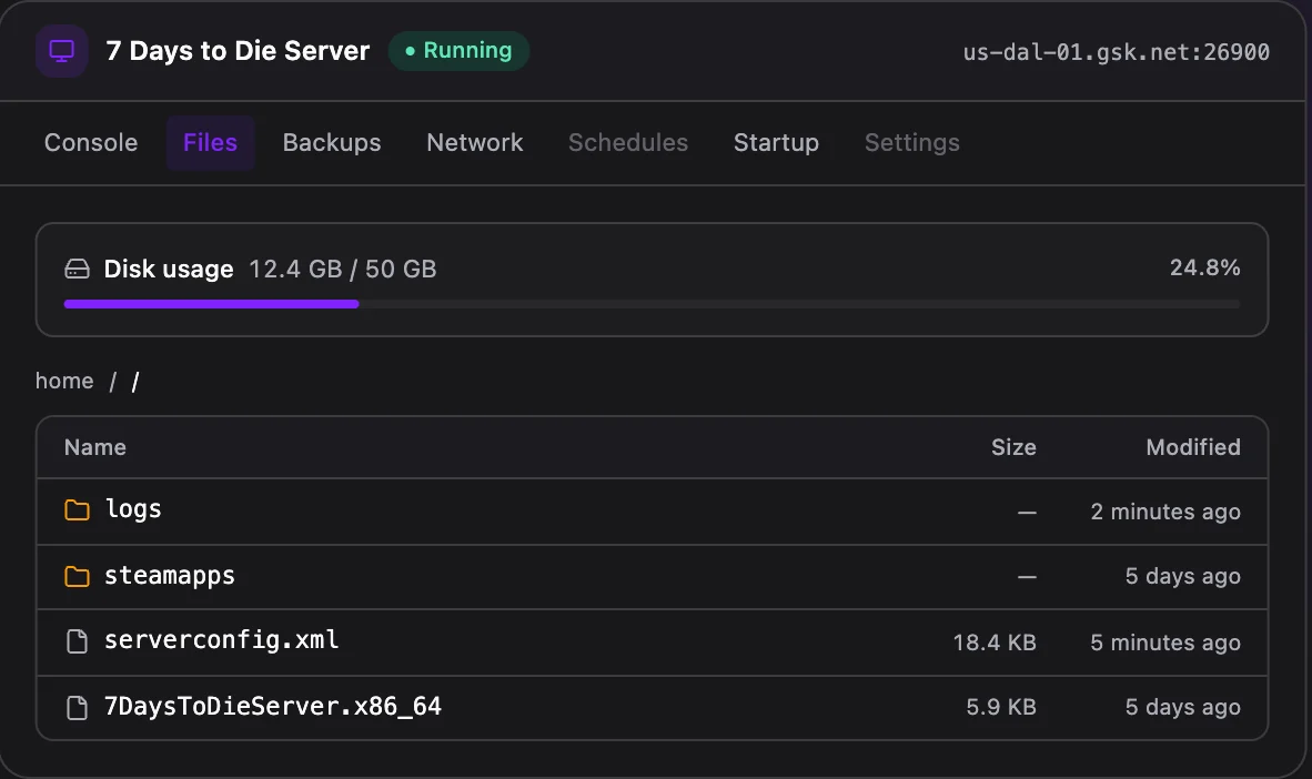 7 Days to Die game panel — full file manager