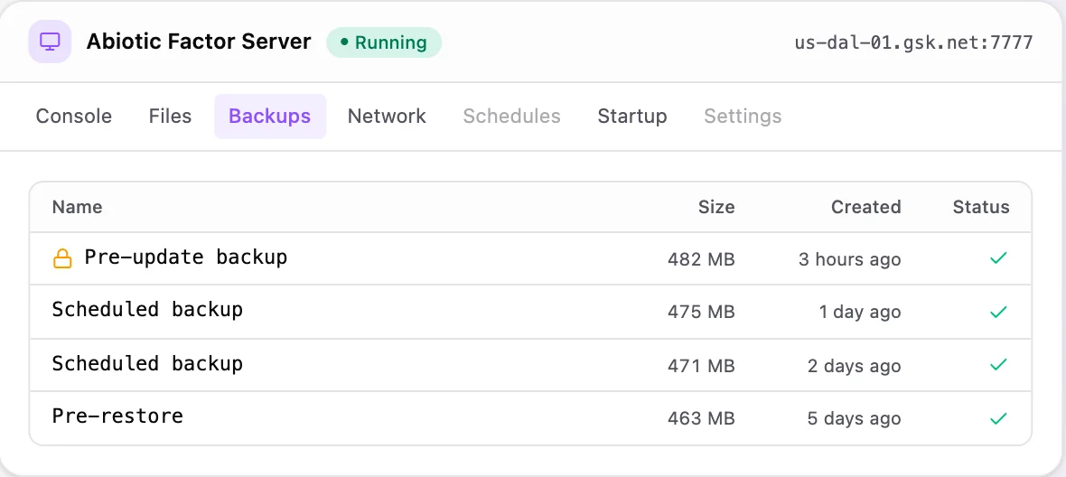 Abiotic Factor game panel — one-click backups