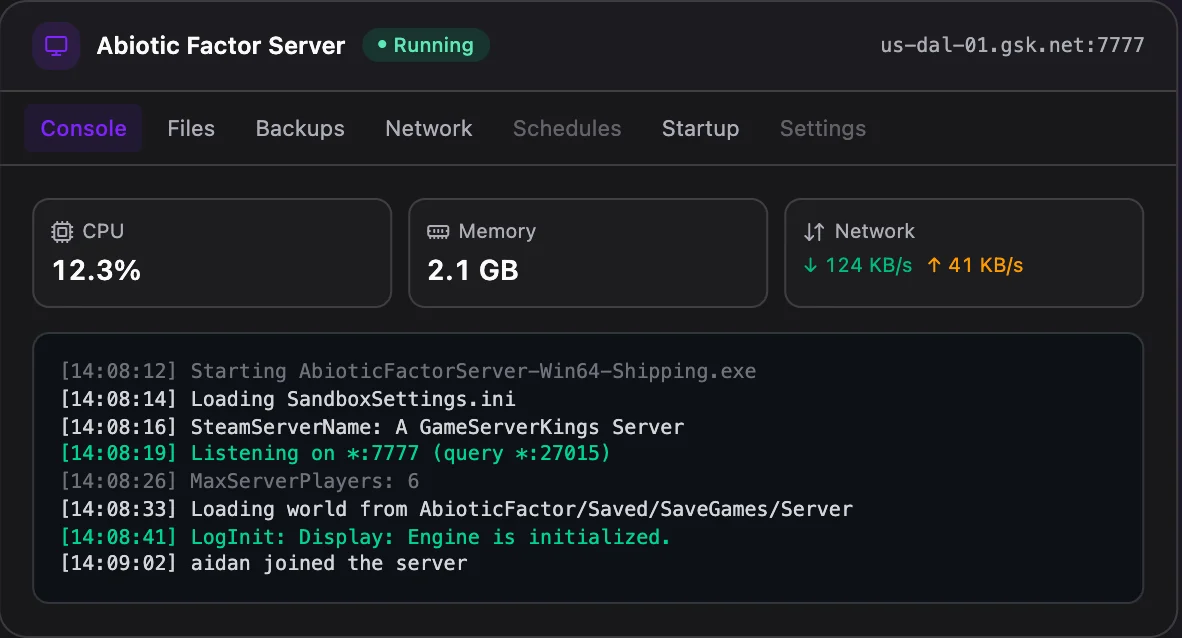 Abiotic Factor game panel — live server console