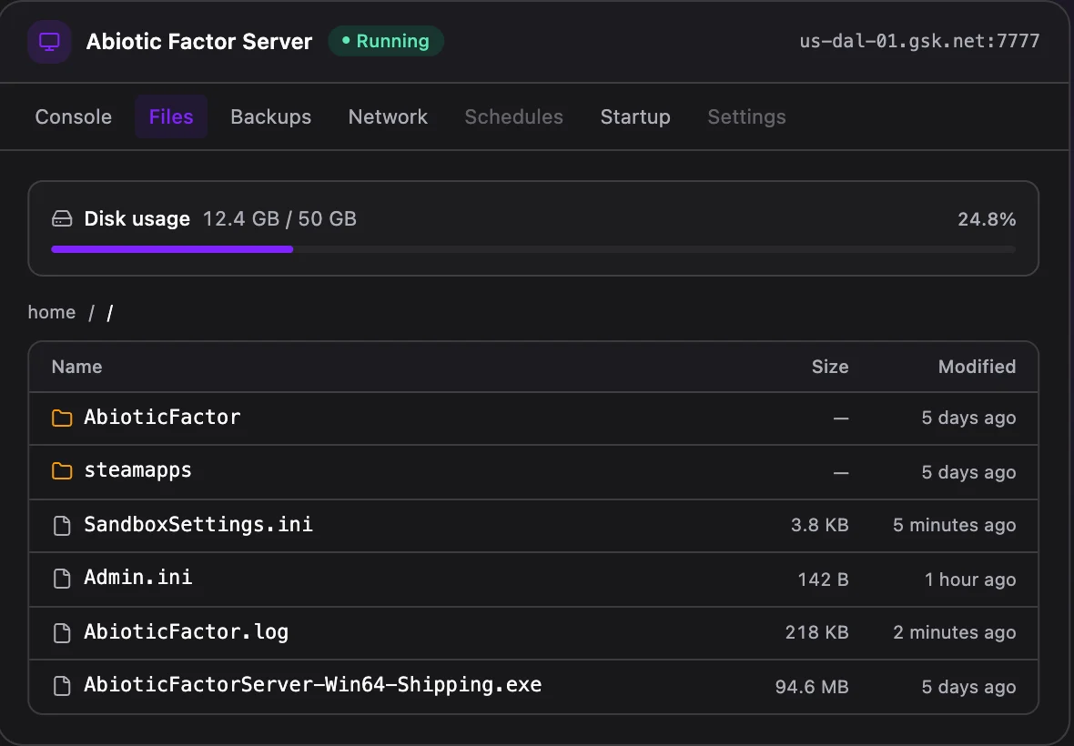 Abiotic Factor game panel — full file manager