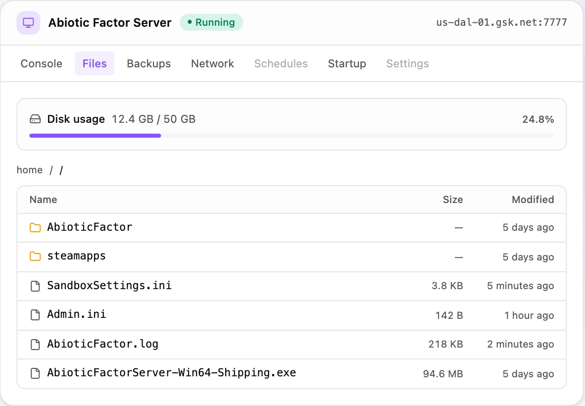 Abiotic Factor game panel — full file manager