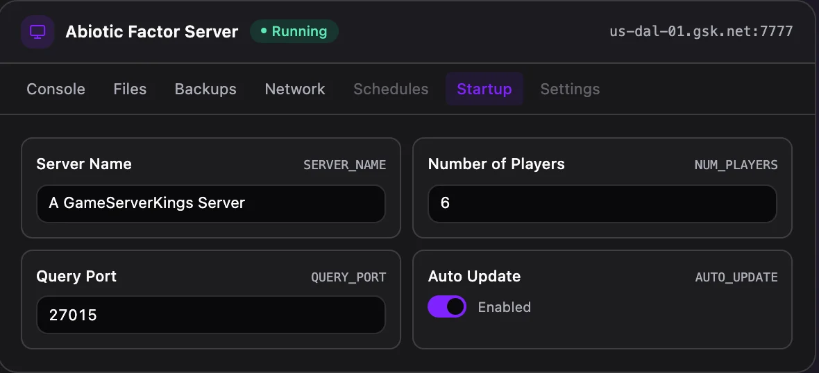 Abiotic Factor game panel — startup configuration