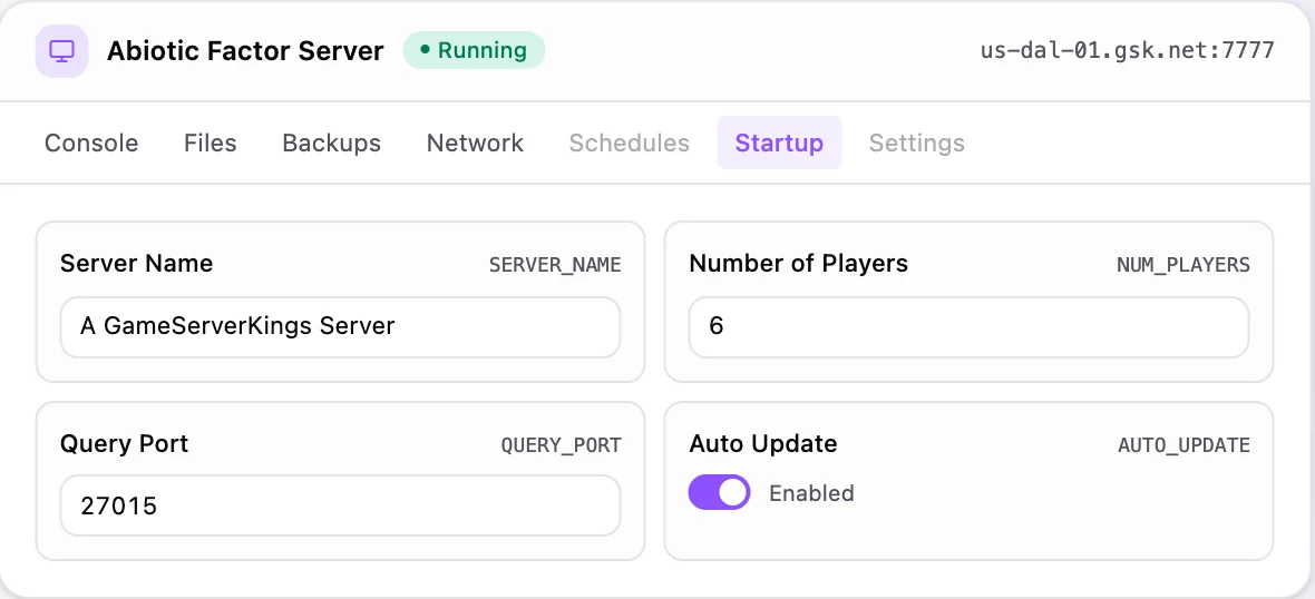Abiotic Factor game panel — startup configuration
