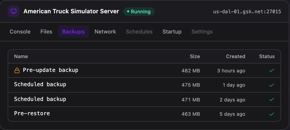 American Truck Simulator game panel — one-click backups