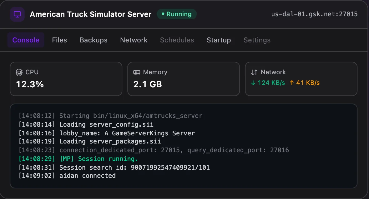 American Truck Simulator game panel — live server console