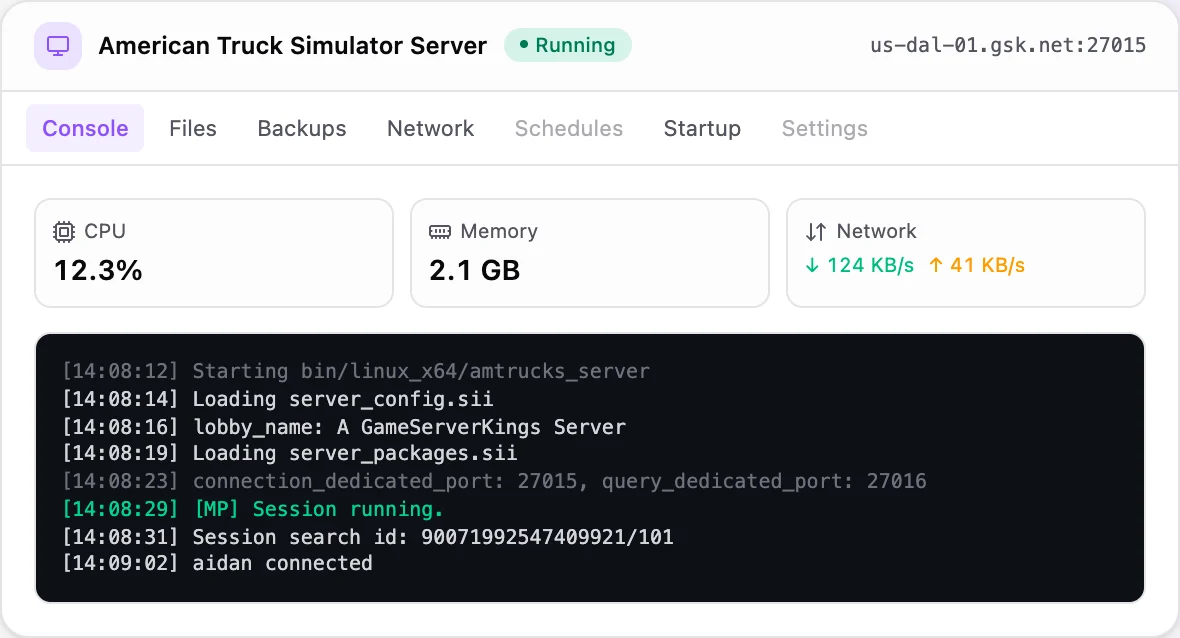 American Truck Simulator game panel — live server console