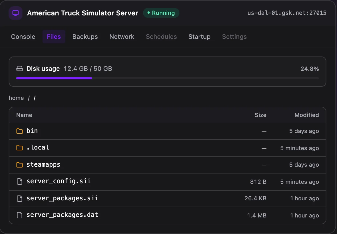 American Truck Simulator game panel — full file manager
