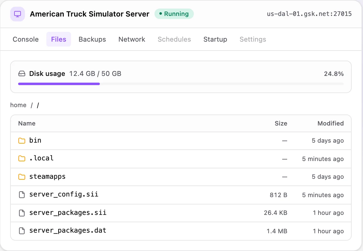 American Truck Simulator game panel — full file manager