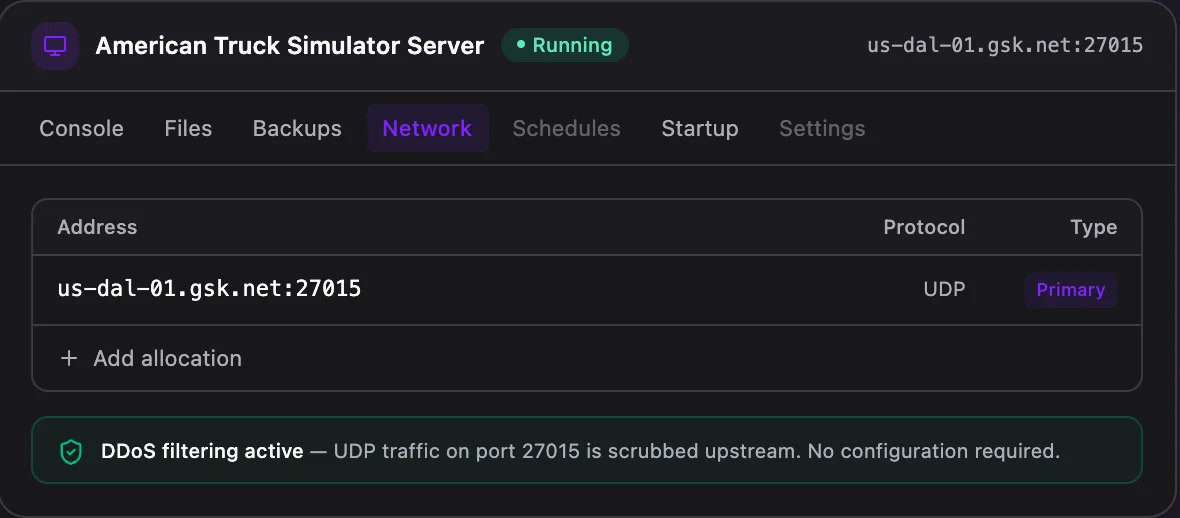 American Truck Simulator game panel — network & allocations