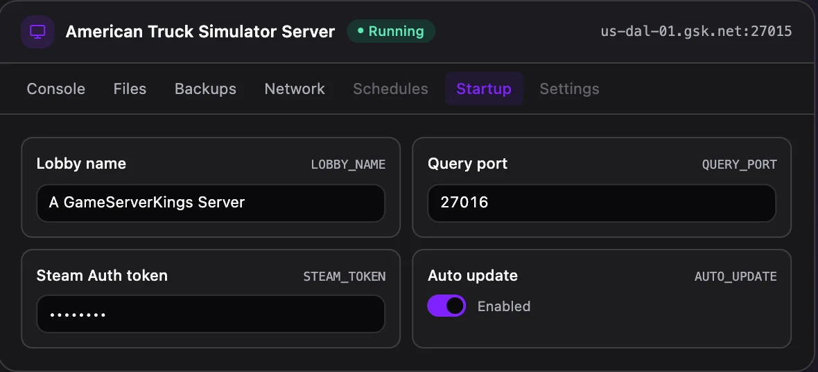 American Truck Simulator game panel — startup configuration