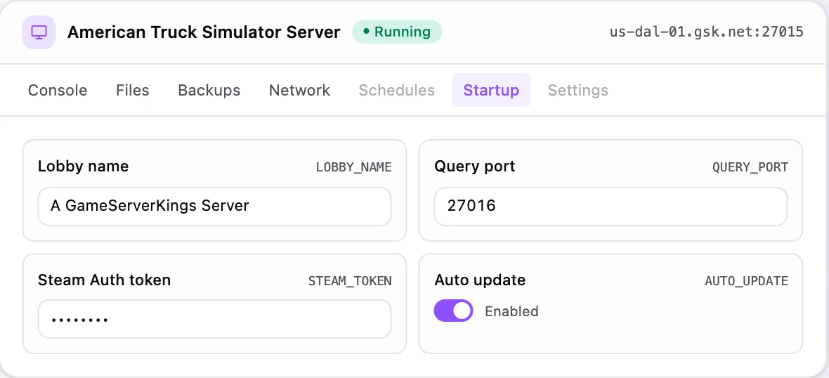 American Truck Simulator game panel — startup configuration