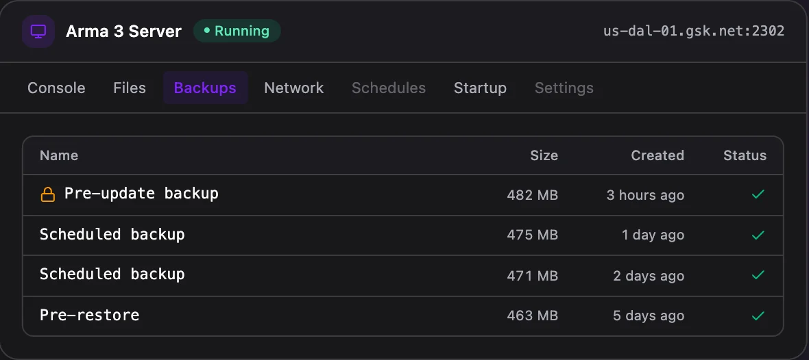 Arma 3 game panel — one-click backups