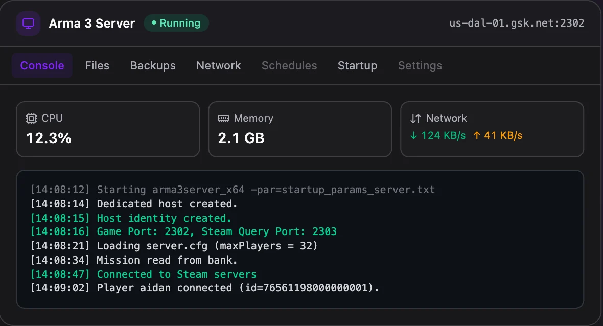 Arma 3 game panel — live server console