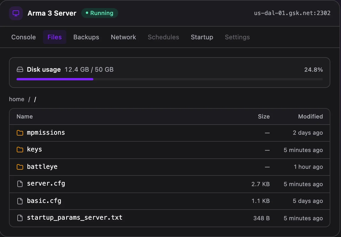 Arma 3 game panel — full file manager