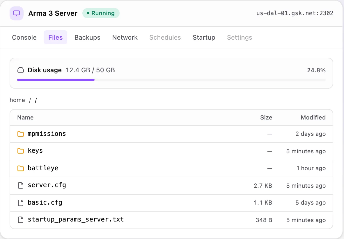 Arma 3 game panel — full file manager