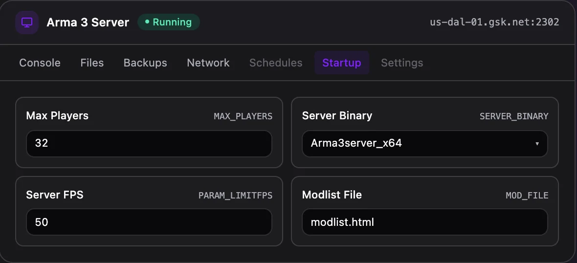 Arma 3 game panel — startup configuration
