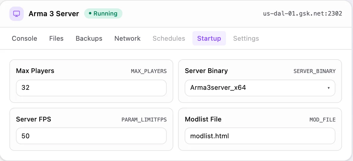 Arma 3 game panel — startup configuration
