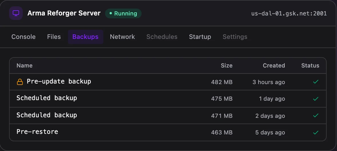 Arma Reforger game panel — one-click backups