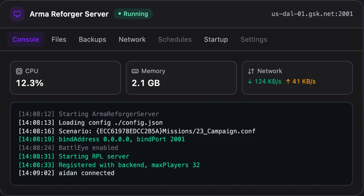 Arma Reforger game panel — live server console