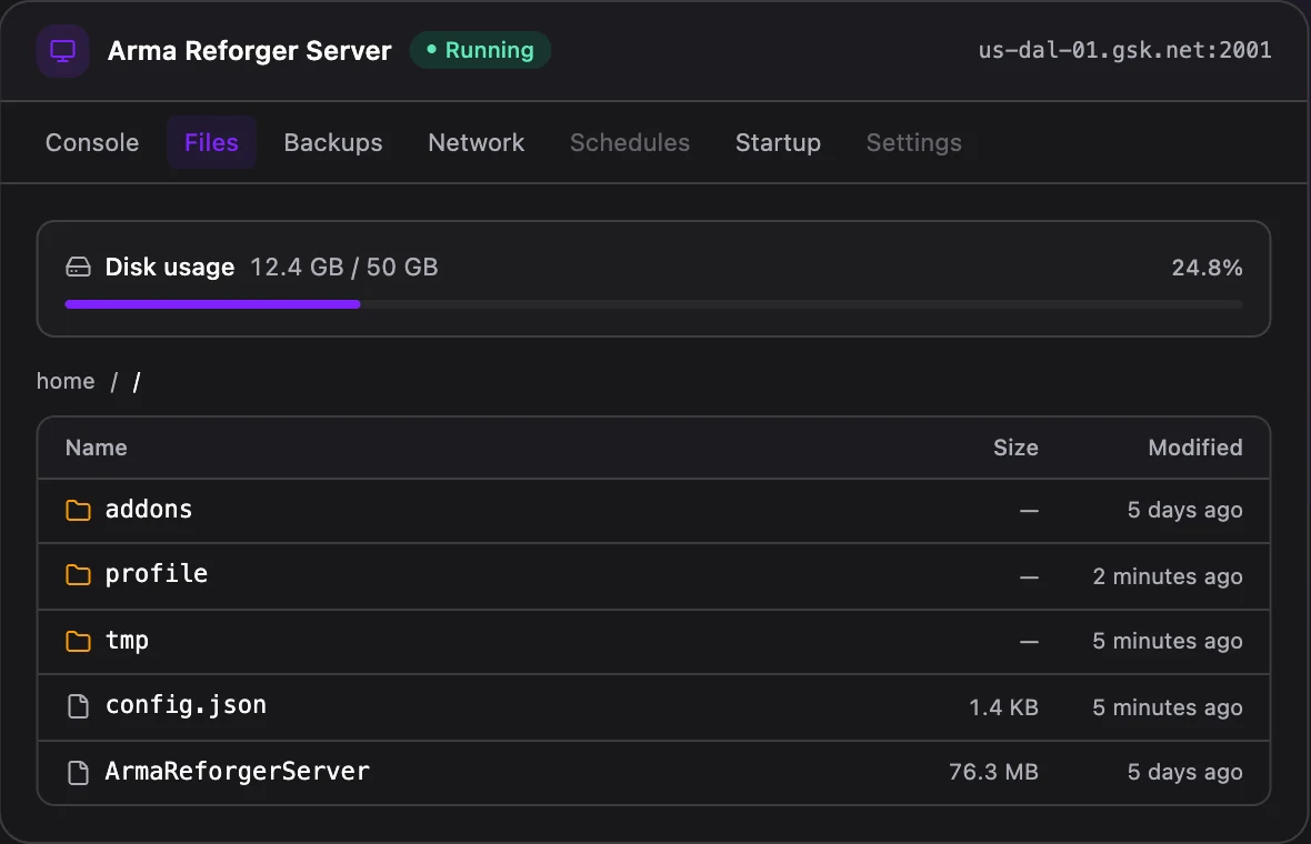 Arma Reforger game panel — full file manager