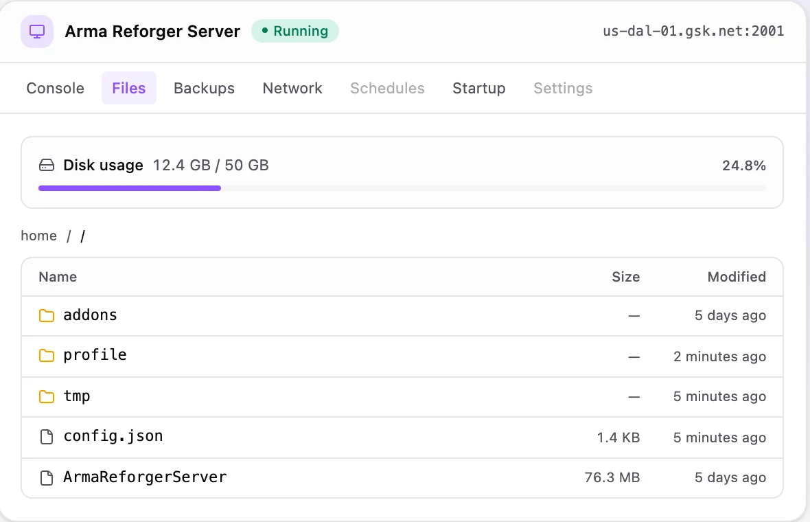 Arma Reforger game panel — full file manager