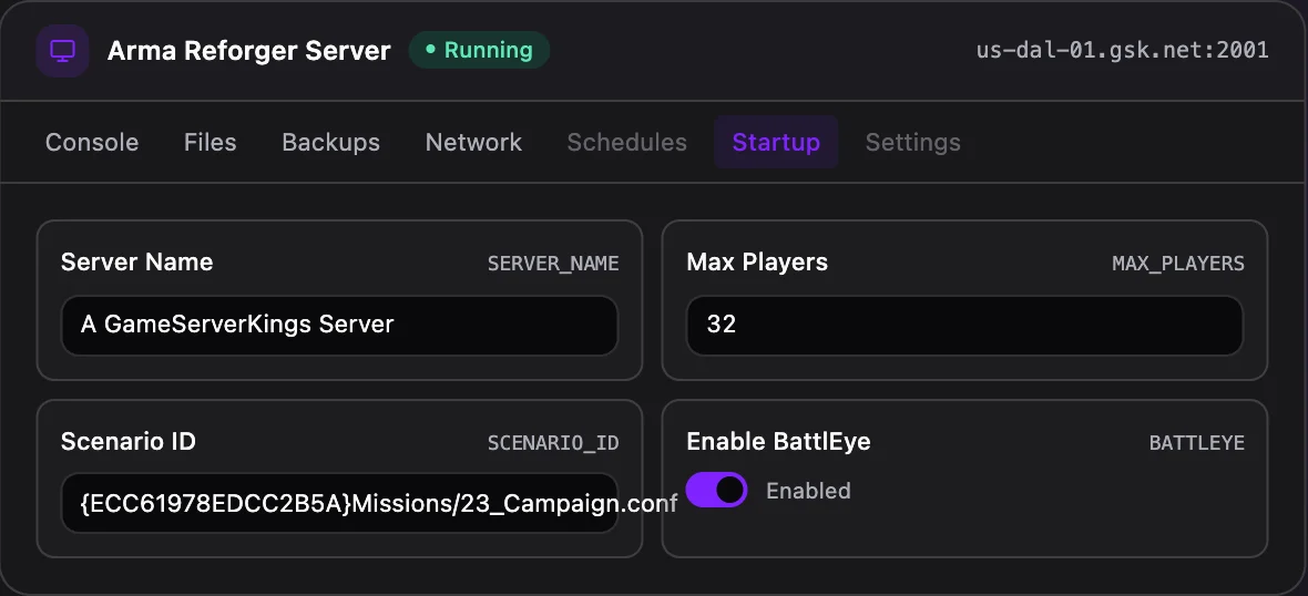 Arma Reforger game panel — startup configuration