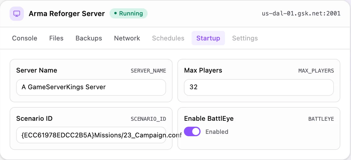 Arma Reforger game panel — startup configuration