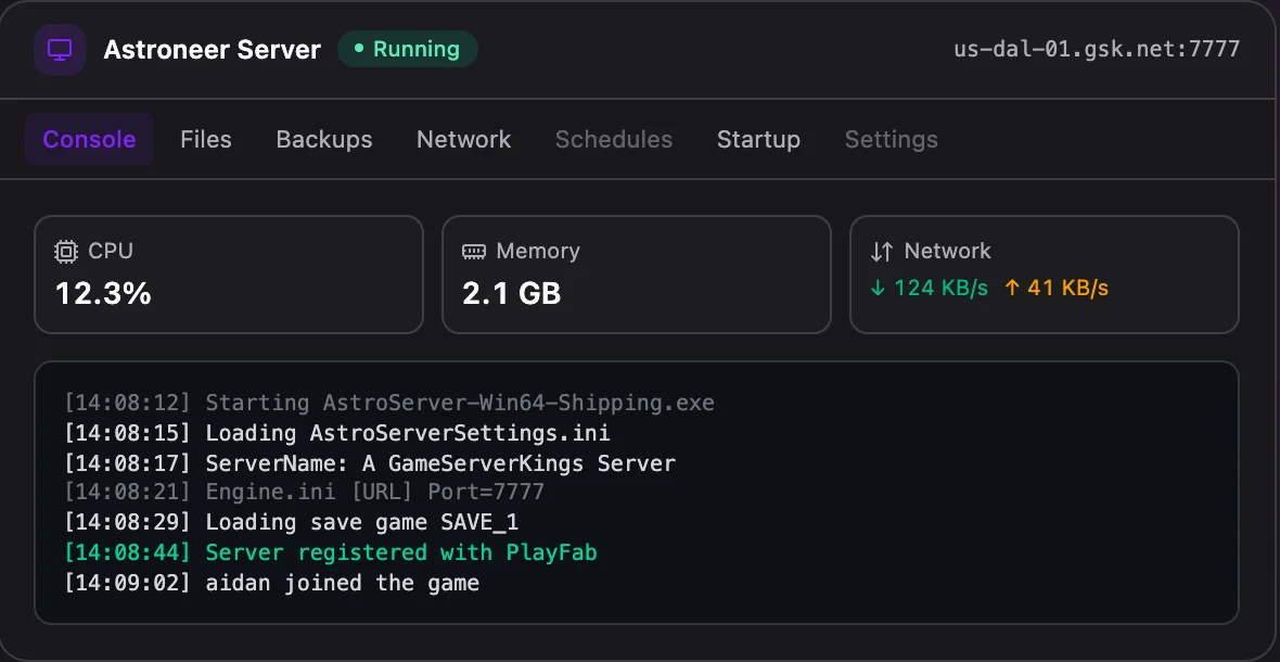 Astroneer game panel — live server console