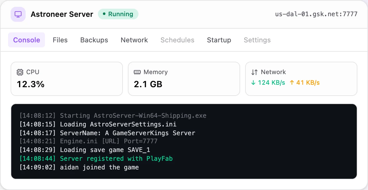 Astroneer game panel — live server console