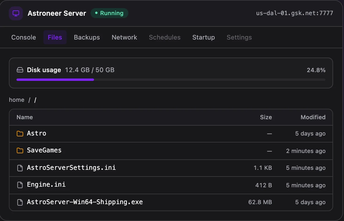 Astroneer game panel — full file manager