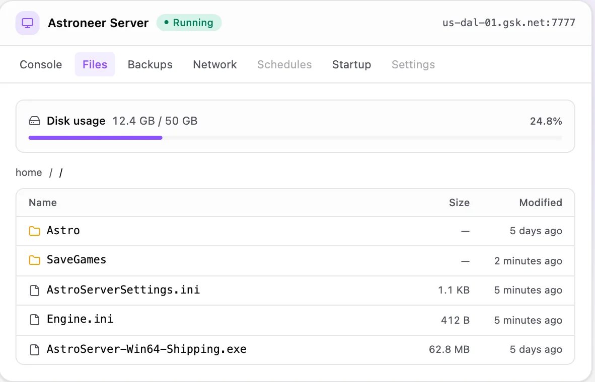 Astroneer game panel — full file manager