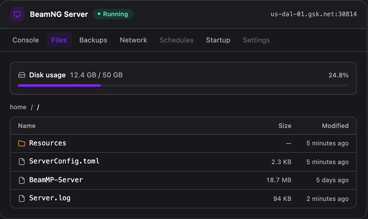 BeamNG game panel — full file manager