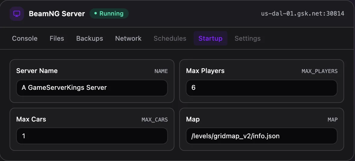 BeamNG game panel — startup configuration