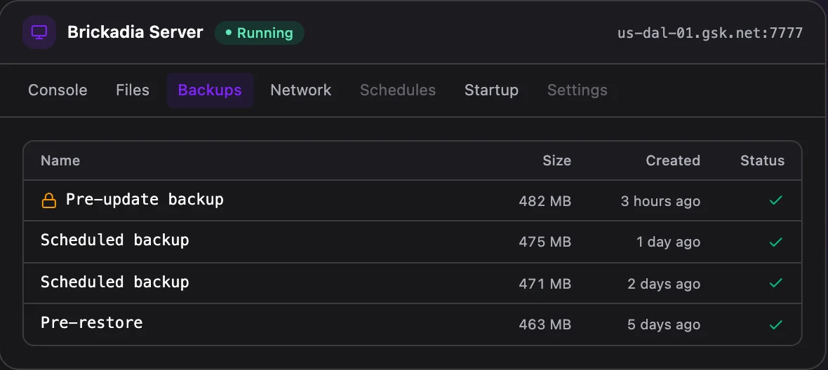 Brickadia game panel — one-click backups