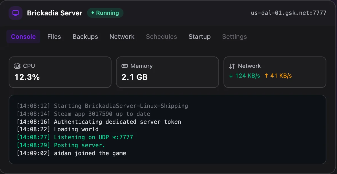 Brickadia game panel — live server console