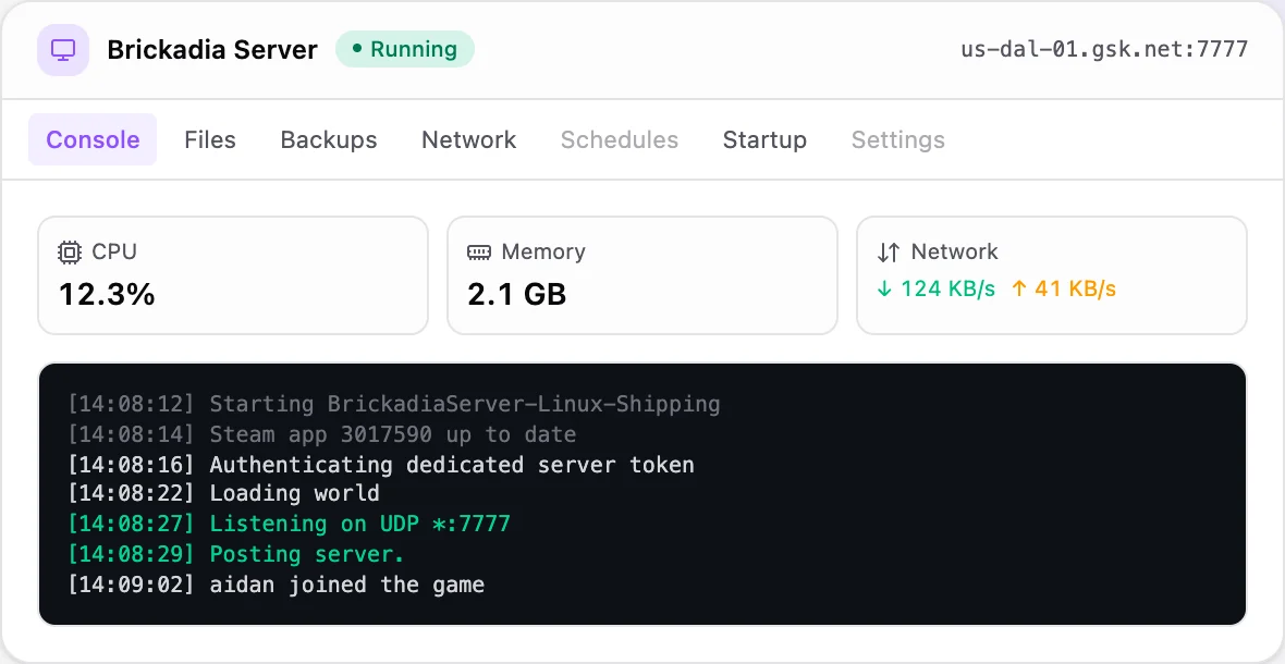 Brickadia game panel — live server console