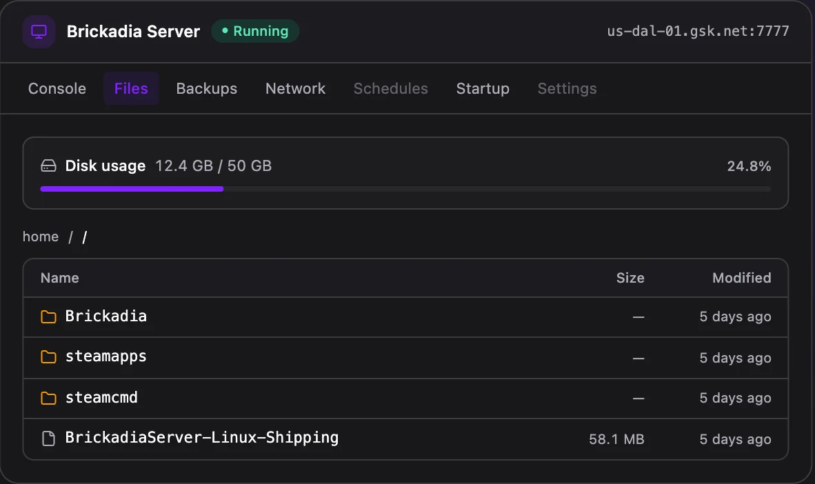Brickadia game panel — full file manager