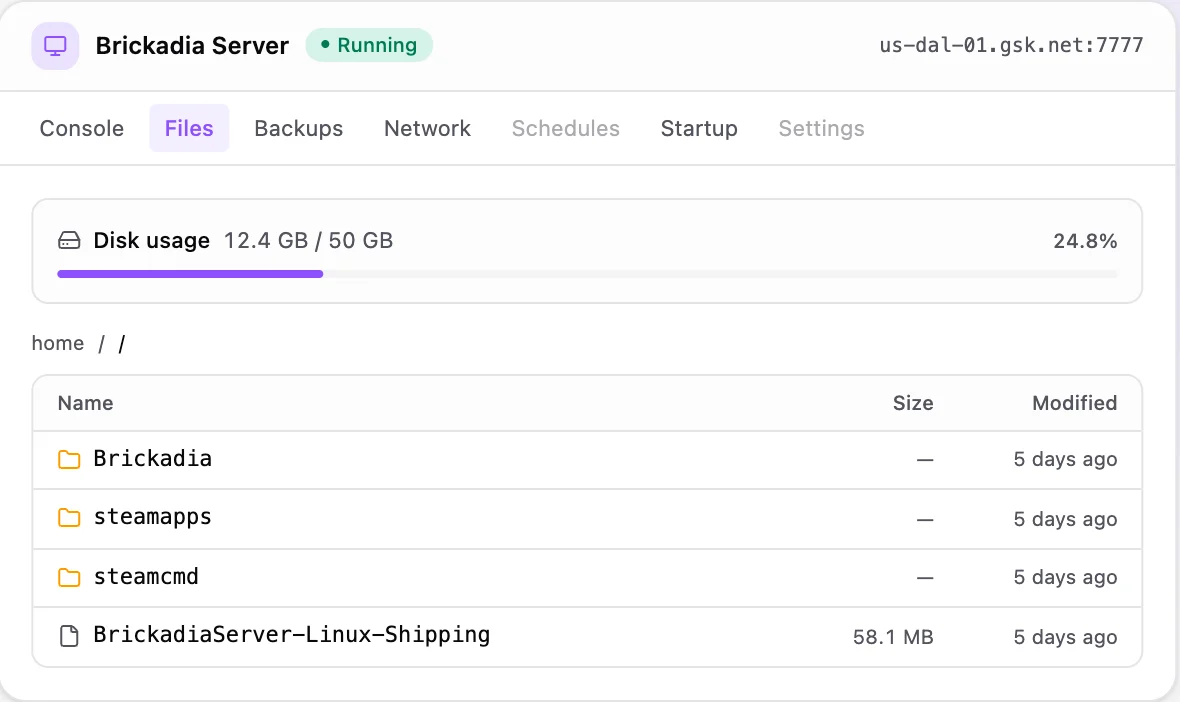 Brickadia game panel — full file manager