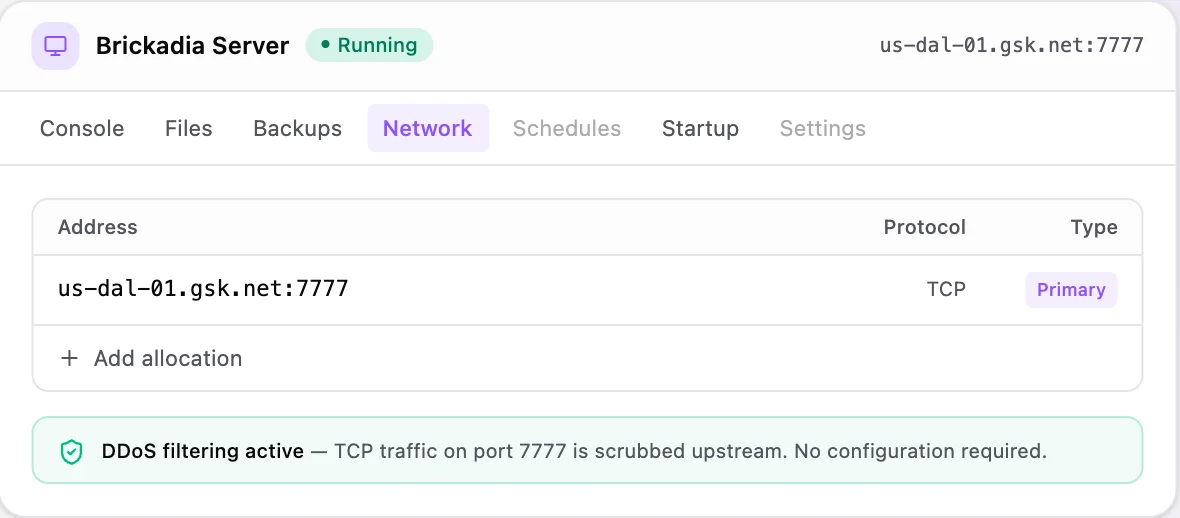 Brickadia game panel — network & allocations