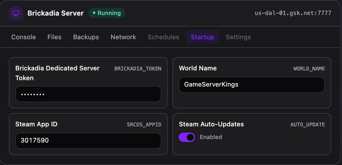 Brickadia game panel — startup configuration
