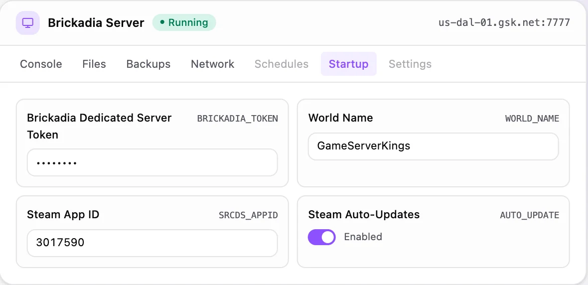 Brickadia game panel — startup configuration