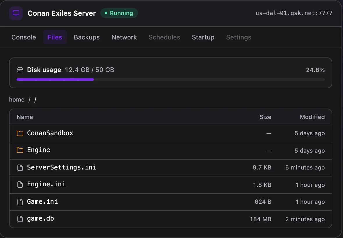 Conan Exiles game panel — full file manager