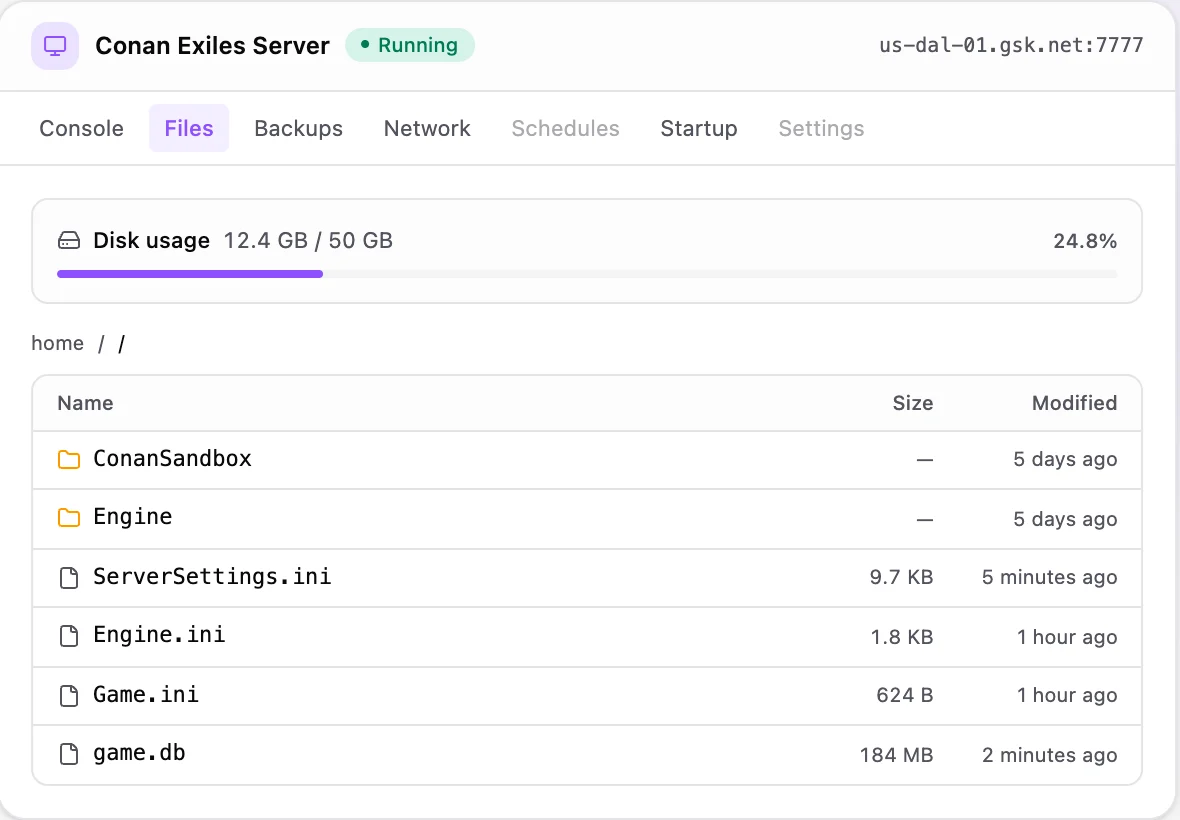 Conan Exiles game panel — full file manager