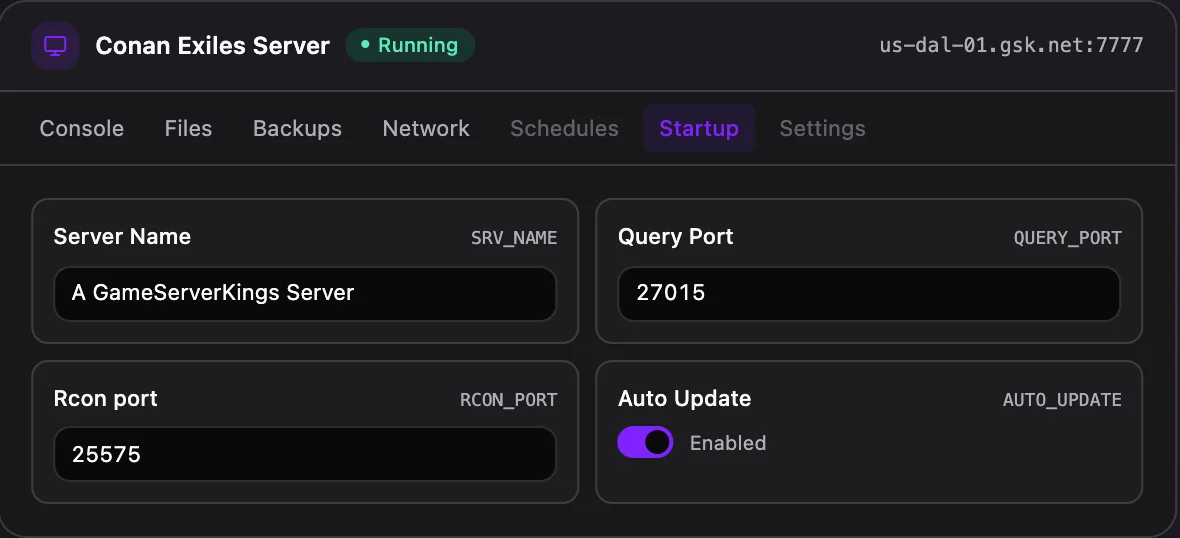 Conan Exiles game panel — startup configuration