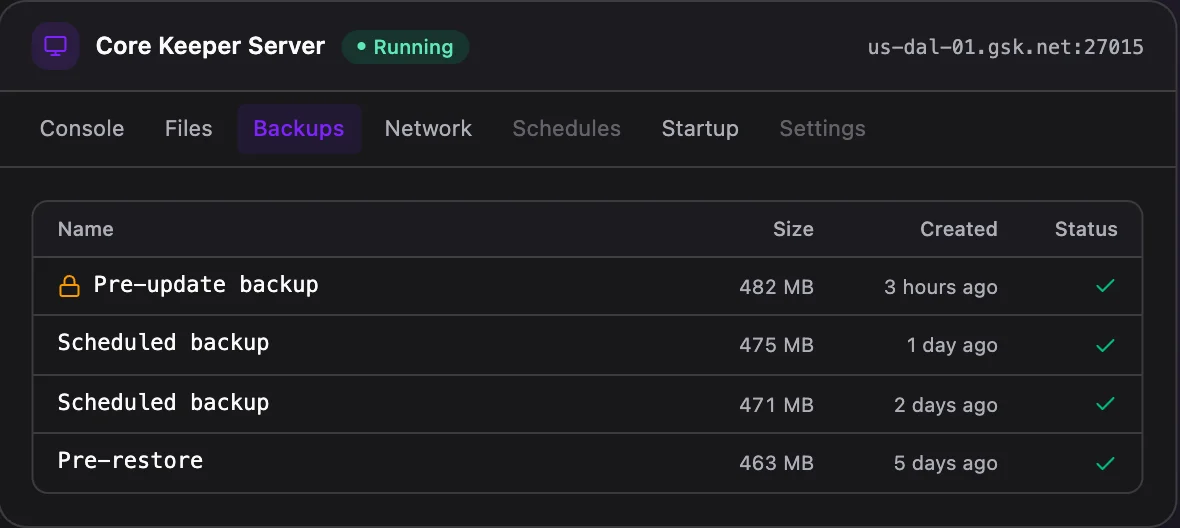 Core Keeper game panel — one-click backups