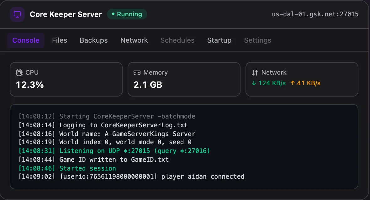 Core Keeper game panel — live server console