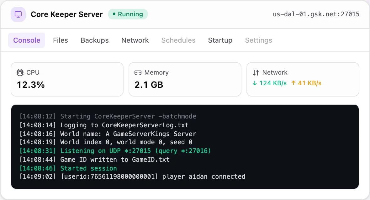 Core Keeper game panel — live server console
