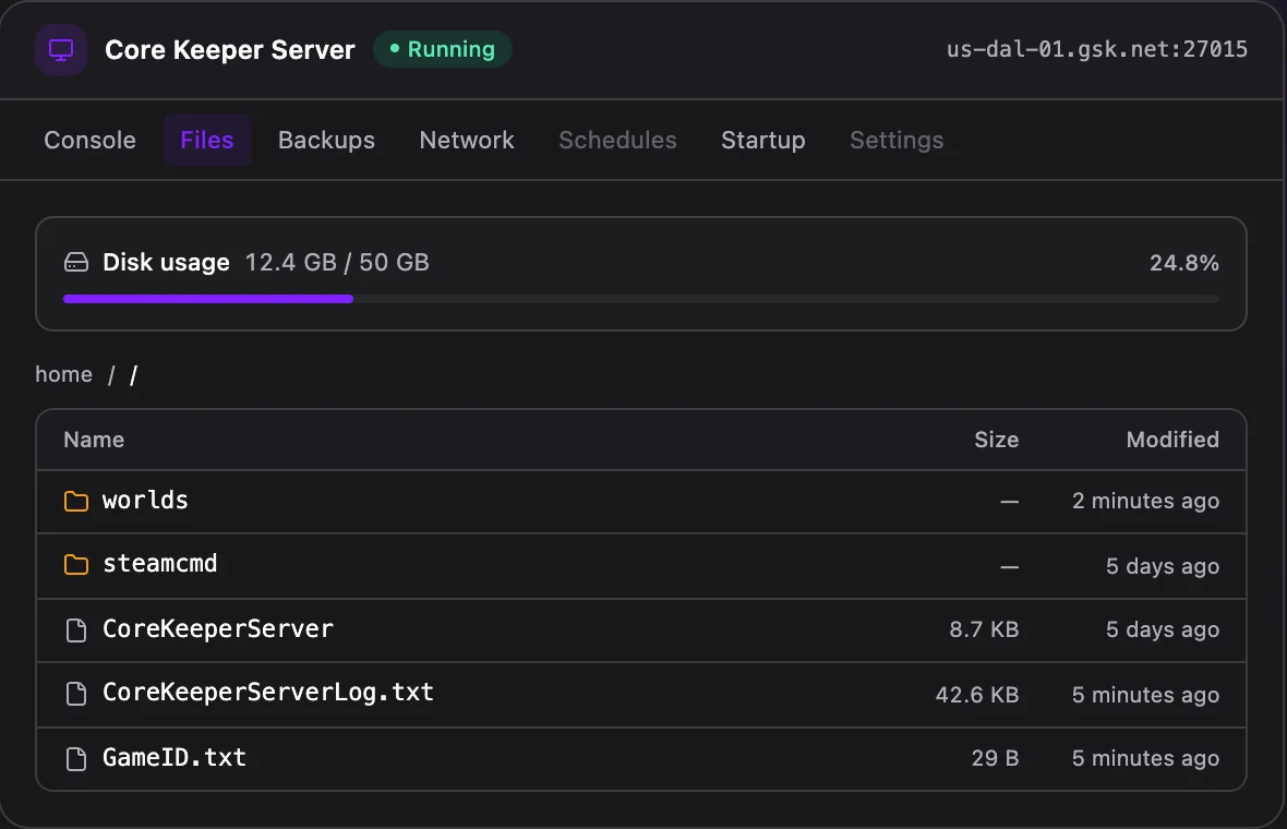 Core Keeper game panel — full file manager